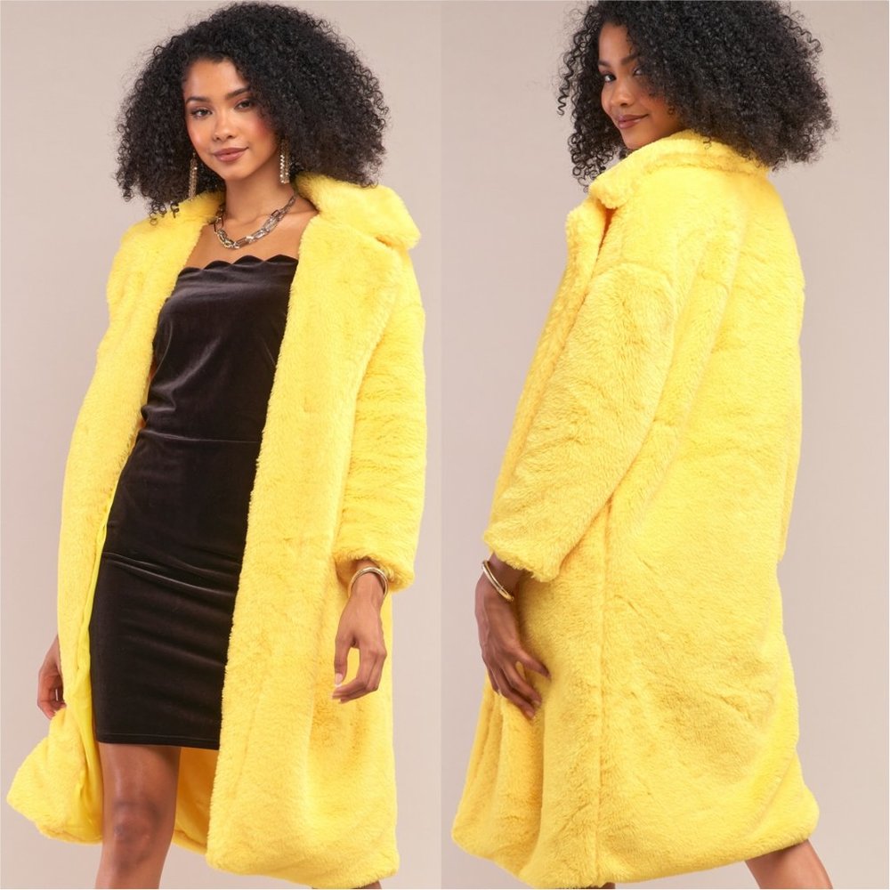 Yellow Long Sleeve Open Front Faux Fur Coat - Picture 2 of 3